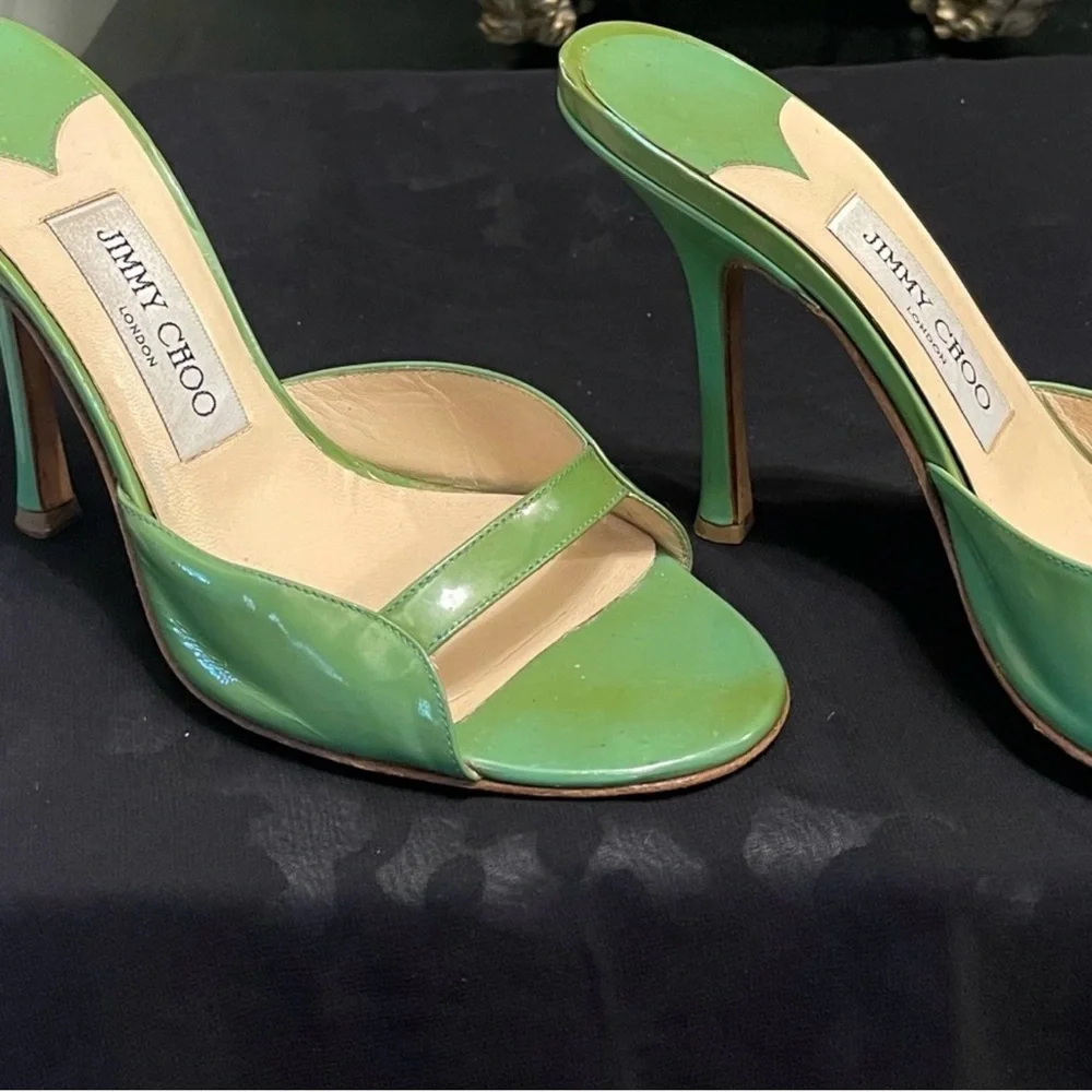Jimmy Choo Glossy Green Patent Slide Sandals - Picture 2 of 5